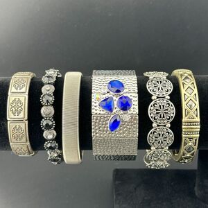 Lot of Six (6) Silver Tone Stretch Rhinestones Bracelets Ornate Vintage to Now